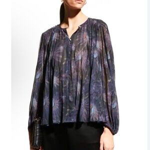 Vince Deco Sheer Floral Blouse Medium Pleated Long Sleeve Silk-Feel Top
